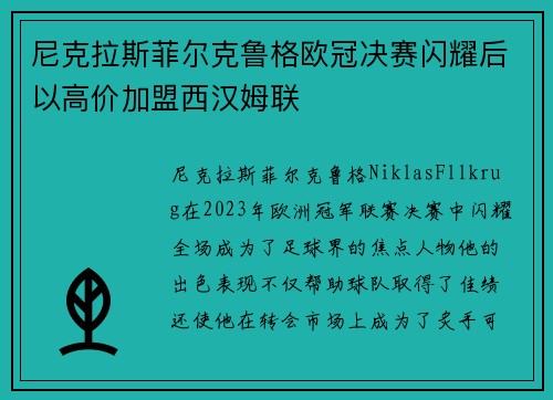 尼克拉斯菲尔克鲁格欧冠决赛闪耀后以高价加盟西汉姆联
