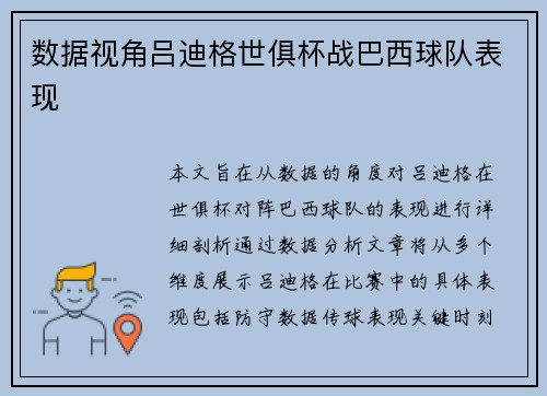 数据视角吕迪格世俱杯战巴西球队表现