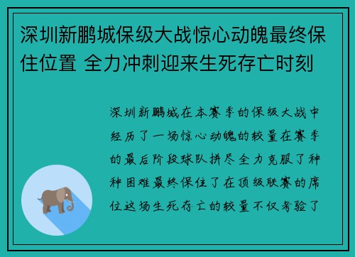 深圳新鹏城保级大战惊心动魄最终保住位置 全力冲刺迎来生死存亡时刻